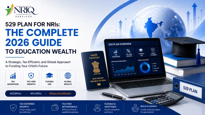 529 Plan for NRIs 2026 guide showing education savings, passport, laptop dashboard, graduation cap, and global wealth planning.