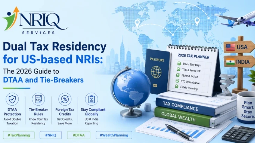 Dual tax residency for US-based NRIs explaining DTAA rules, tie-breaker provisions, and tax residency planning for 2026.