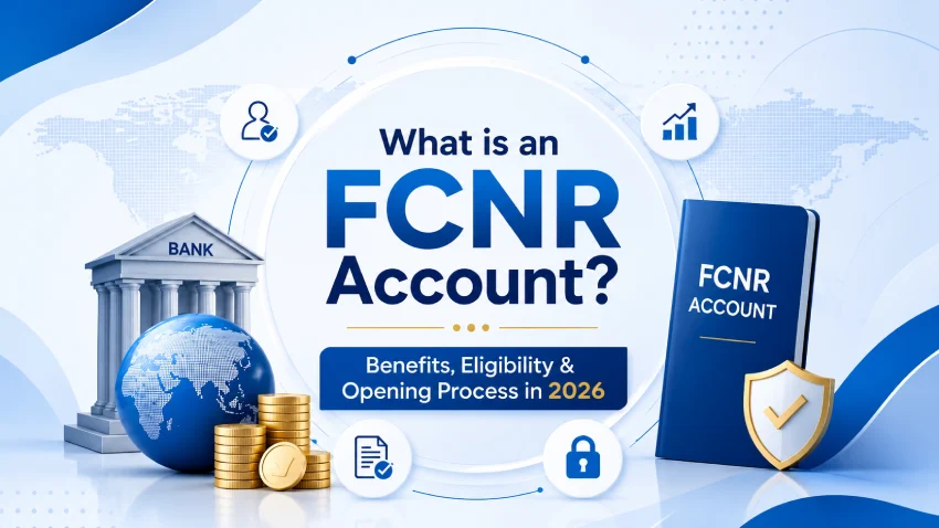 FCNR Account infographic showing benefits, eligibility, and opening process for 2026 with banking, global finance, and security visuals.