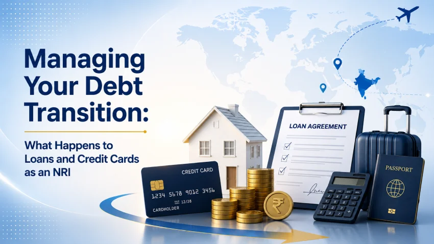 Infographic explaining what happens to loans and credit cards after becoming an NRI, featuring loan agreements, financial planning, and debt management visuals.