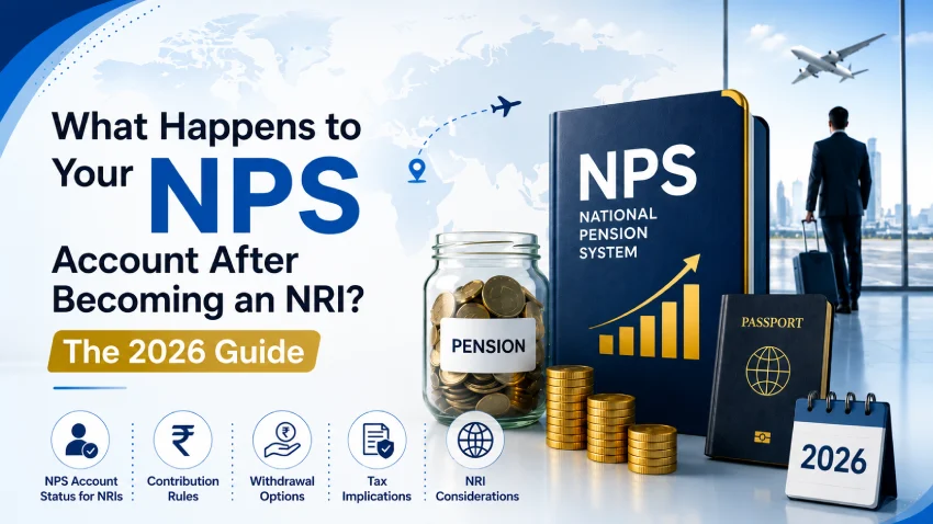Infographic explaining what happens to an NPS account after becoming an NRI, featuring pension planning, account status, tax implications, and contribution guidance.