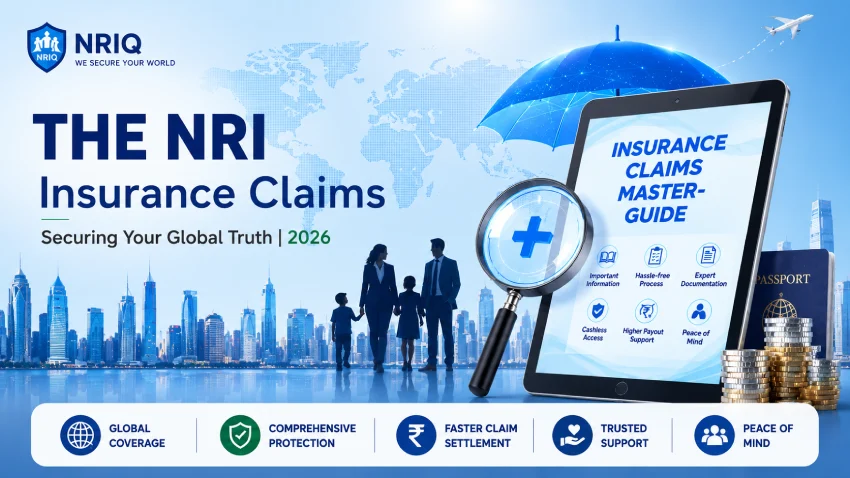 Infographic explaining NRI insurance claims with global coverage, claim settlement, financial protection, and insurance support visuals.
