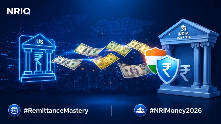 Infographic illustrating NRI remittance and international money transfer with banking, currency flow, and secure transaction visuals.