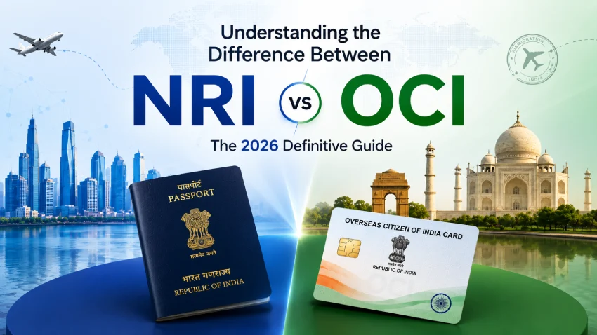 Infographic explaining the difference between NRI and OCI status, featuring passport, OCI card, travel, and India-themed visuals.