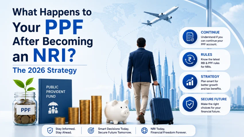 Infographic explaining what happens to a PPF account after becoming an NRI, featuring financial planning, investment growth, and account continuation visuals.