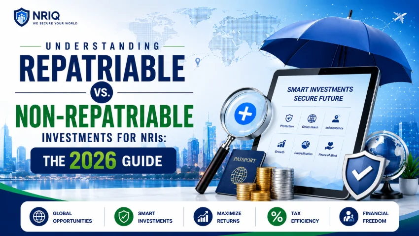 Infographic explaining repatriable vs non-repatriable investments for NRIs, featuring investment planning, financial security, and global wealth management visuals.