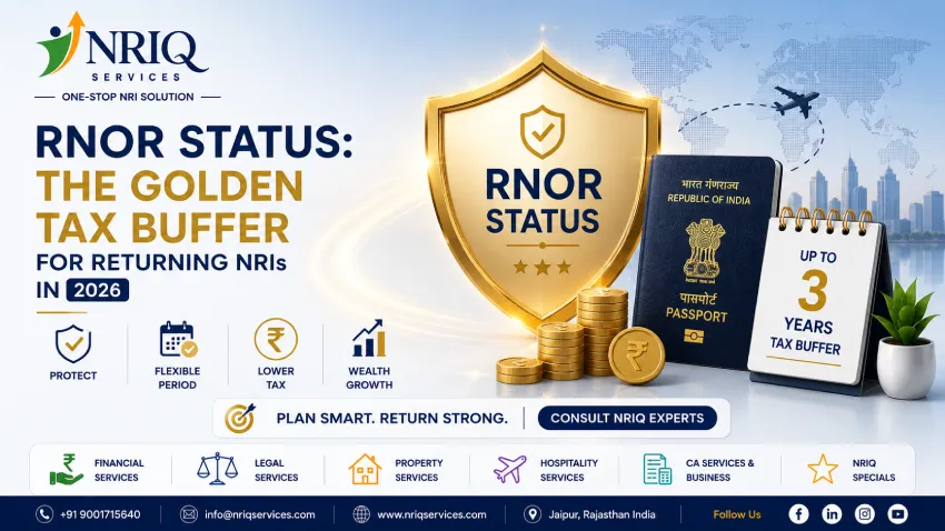 RNOR Status 2026 infographic showing tax protection benefits for returning NRIs with golden shield, passport, coins, and financial planning elements.