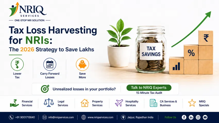 Tax Loss Harvesting for NRIs 2026 banner showing tax savings jar, investment growth concept, and wealth optimization strategy.