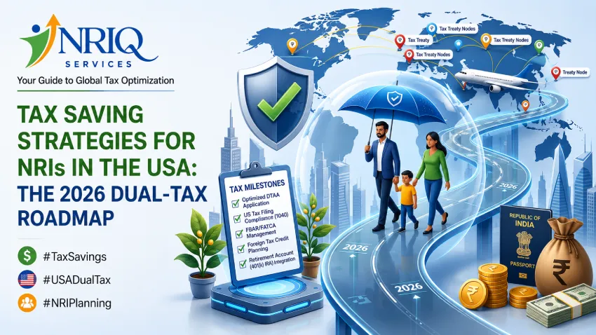 Infographic explaining tax saving strategies for NRIs in the USA, featuring dual-tax planning, global tax optimization, and financial protection visuals.