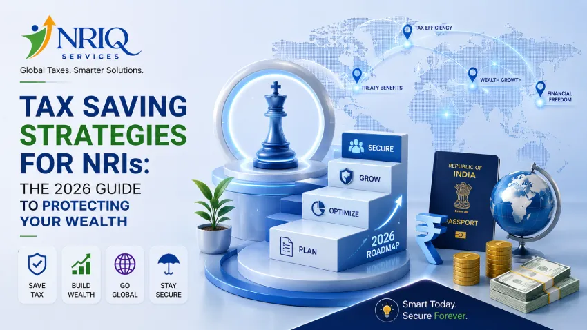 Modern infographic showing tax saving strategies for NRIs with wealth protection, global tax planning, financial growth, and international financial planning visuals.