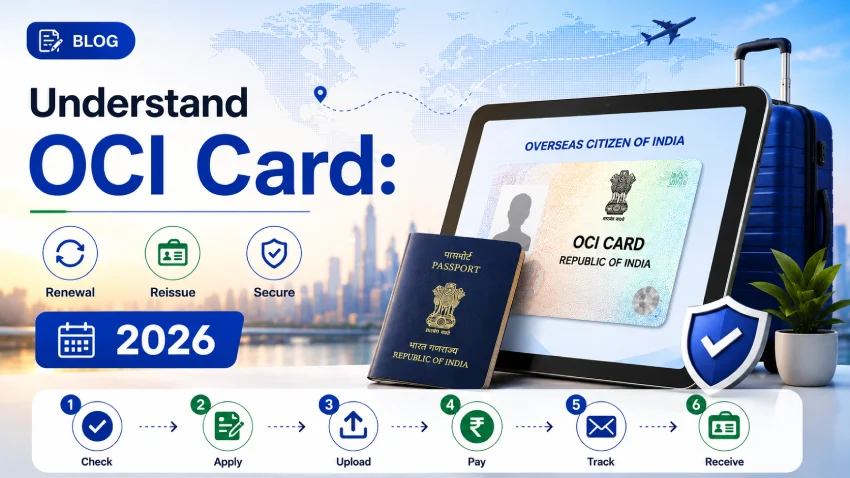 Infographic explaining the OCI Card process with renewal, reissue, security features, and application steps for 2026.