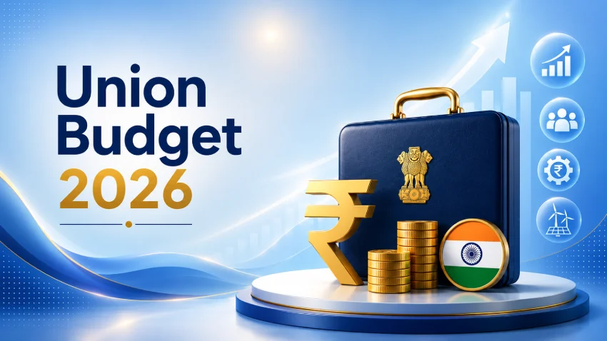 Union Budget 2026 infographic featuring a finance briefcase, rupee symbol, coins, Indian emblem, and economic growth visuals.