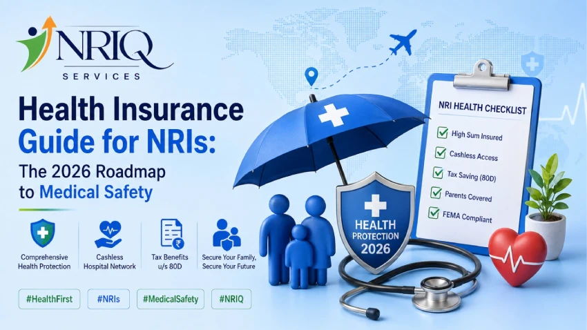 Health Insurance Guide for NRIs 2026 showing medical insurance planning, healthcare coverage, and financial protection for Non-Resident Indians.